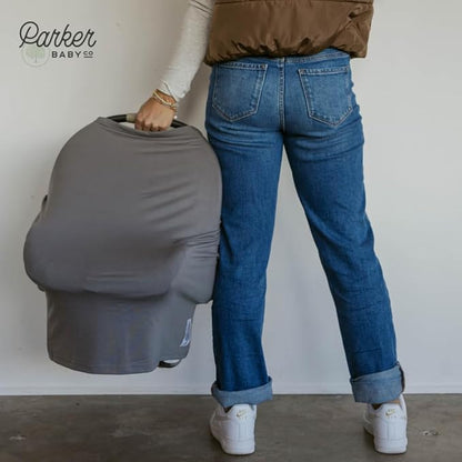 Parker Baby 4 in 1 Car Seat Cover for Girls and Boys - Stretchy Carseat Canopy, Nursing Cover, Grocery Cart Cover, High Chair Cover - “Pewter”
