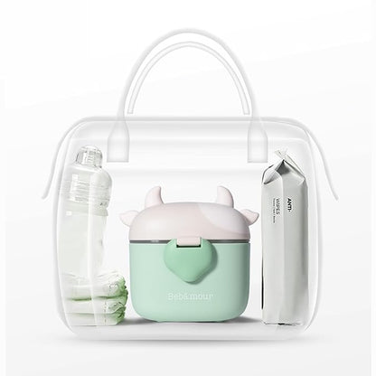 Bebamour Baby Formula Dispenser On The Go, Formula Container to Go, Formula Holder for Travel, Candy Fruit Snack Storage Container with Scoop and Leveller (Light Green Cow)