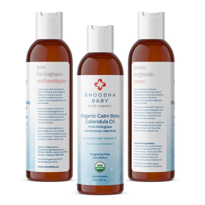 Shoosha Organic Calendula Oil Fragrance Free, for Babies, Real Calendula Oil, Calendula Massage Oil Moisturizer, Hypoallergenic, Gluten-Free, 100% Biodegradable