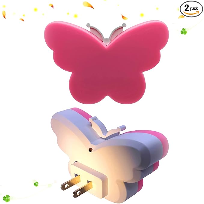 2pcs Butterfly LED Plug in Night Light for Kids, Night Light Lamp Plug into Wall with Smart Dusk to Dawn Sensor, Idea for Baby Room, Bedroom, Bathroom, Hallway, Stairs, Kitchen(Pink Light)