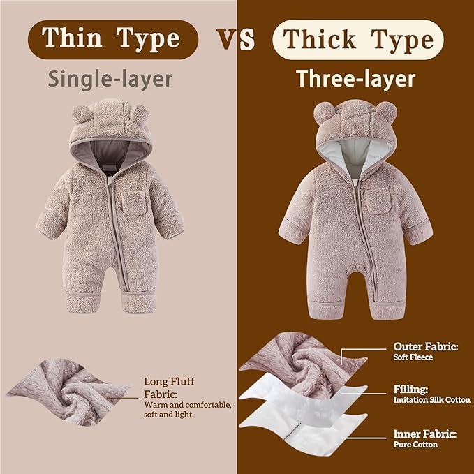 Newborn Baby Bear Outfit With Fold-Over Mittens and Footies Girls Boys Winter Fleece Clothes Hooded Romper Snowsuit
