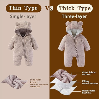 Newborn Baby Bear Outfit With Fold-Over Mittens and Footies Girls Boys Winter Fleece Clothes Hooded Romper Snowsuit