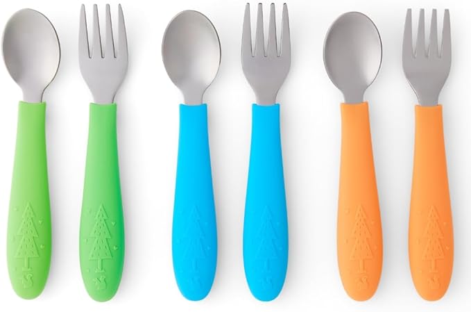 Elk and Friends Kids Silverware with Silicone Handle | Childrens Safe Flatware | Toddler Utensils | Baby Spoons + Forks | Stainless Steel Cutlery | Dishwasher Safe | 6 Pieces