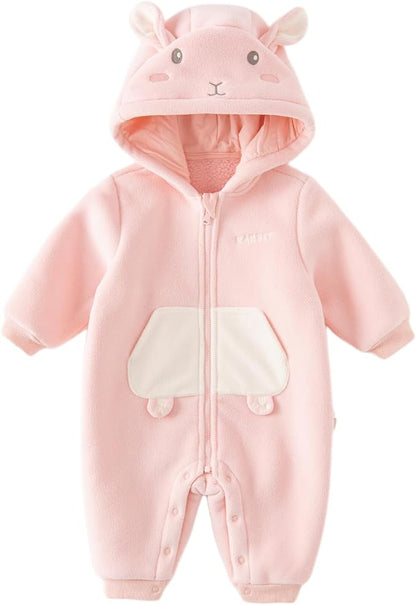 DAVE&BELLA Animal Jumpsuit for Baby Boy Girl, Hooded Winter One-Piece Romper Zip Up Fleece Infant Bodysuit with Snap Closure
