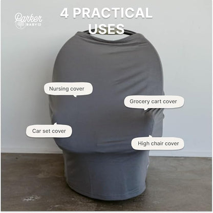 Parker Baby 4 in 1 Car Seat Cover for Girls and Boys - Stretchy Carseat Canopy, Nursing Cover, Grocery Cart Cover, High Chair Cover - “Pewter”