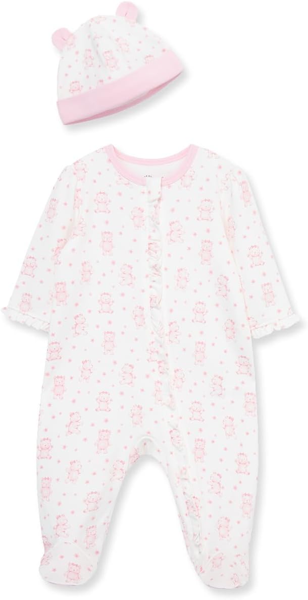 Little Me Clothes for Baby Girls 100% Cotton Scratch-Free Tag Footed One-Piece Romper and Hat Sleeper Set Preemie to 9 Months