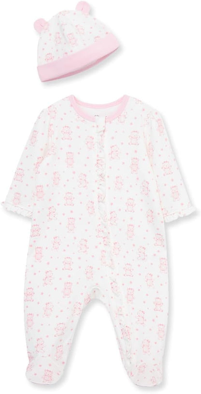 Little Me Clothes for Baby Girls 100% Cotton Scratch-Free Tag Footed One-Piece Romper and Hat Sleeper Set Preemie to 9 Months