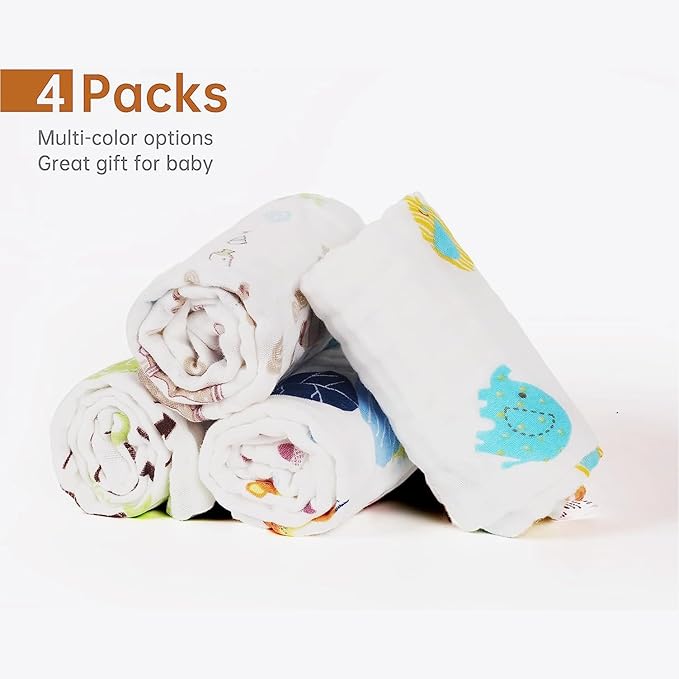 Viviland Baby Muslin Burp Cloths, 100% Cotton Super Absorbent Washcloths for Baby Girl and Boy, 10 x 20 inches 6-Layer Baby Bath Towels, Elephant & Whale Pattern 4 Pack