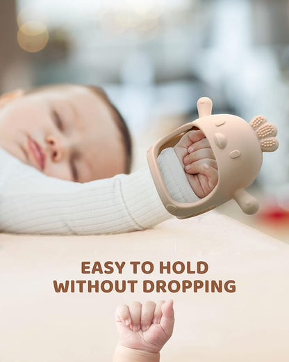 2 Packs Baby Teething Toy Silicone Teething Mitten for Babies Over 3 Months Anti Dropping Wrist Hand Teethers Baby Chew Toys for Sucking Needs, BPA Free (Green & Caramel)