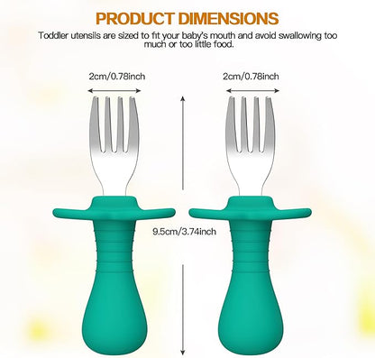 2 Pcs Baby Forks Toddler Forks for Self Feeding, Kids Forks with Silicone Round Handle, Stainless Steel Toddler Utensils Children Safe Silverware Set, Anti-Choke Design, BPA Free