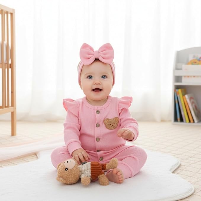 Newborn Baby Girl Cute Bear Ruffle Long Sleeve Jumpsuit Ribbed Bodysuit One-Piece Button Romper with Headband 0-18M