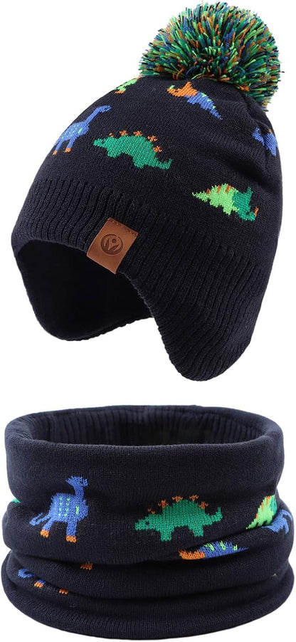 JANGANNSA Knitted Baby Hat Scarf Set Winter Warm Boys Girls Beanie Fleece Lining Toddler Kids Hats with Pompom