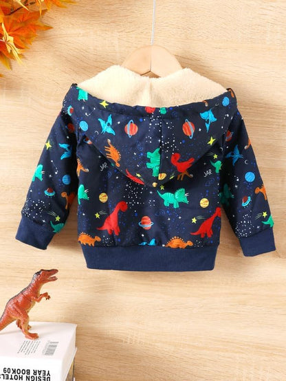 Baby Boys Fleece Jacket Cartoon Dinosaur Hooded Outerwear Toddler Fall Winter Warm Clothes
