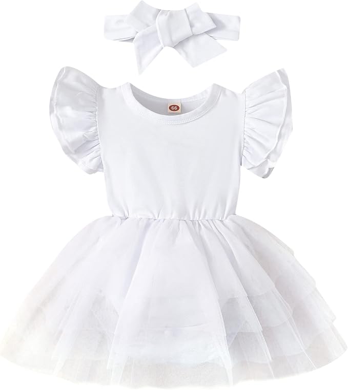 Baby Girl Clothes Infant Ruffle Sleeve Romper Dress Newborn Solid Tutu Skirt Sets Jumpsuit Headband Outfit