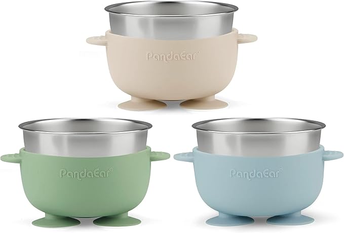 PandaEar 3 Pack Stainless Steel Baby Suction Bowls, Non-Slip Child Food Bowl with Silicone Sleeve for Kids Toddlers Infants, Unbreakable & Mess Free (Blue Green Brown)