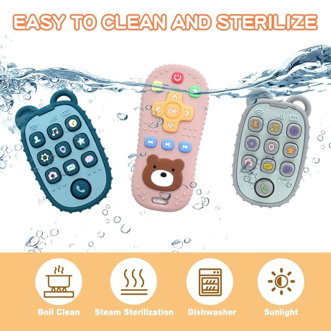 2-Pack Silicone Teethers – Remote Control & Phone Teething Toys with Popper Buttons, BPA-Free, CPC Certified Baby Essentials for Infants & Toddlers (Remote/Phone - Dark Blue/Grey)