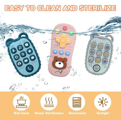 2-Pack Silicone Teethers – Remote Control & Phone Teething Toys with Popper Buttons, BPA-Free, CPC Certified Baby Essentials for Infants & Toddlers (Remote/Phone - Dark Blue/Grey)