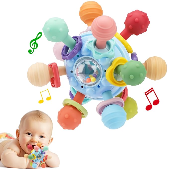 Baby Montessori Teething Toys for 0-6 6-12 Months, Food Grade Teether Sensory Toys for Babies 0 3 6 9 12 Months, Infant Newborn Developmental Learning Rattle Toys Gifts for Baby Boys Girls