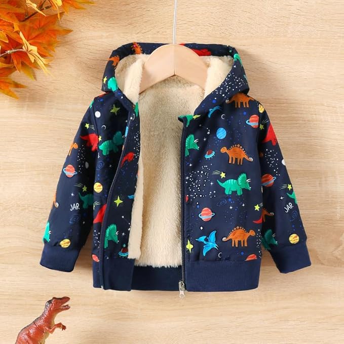Baby Boys Fleece Jacket Cartoon Dinosaur Hooded Outerwear Toddler Fall Winter Warm Clothes