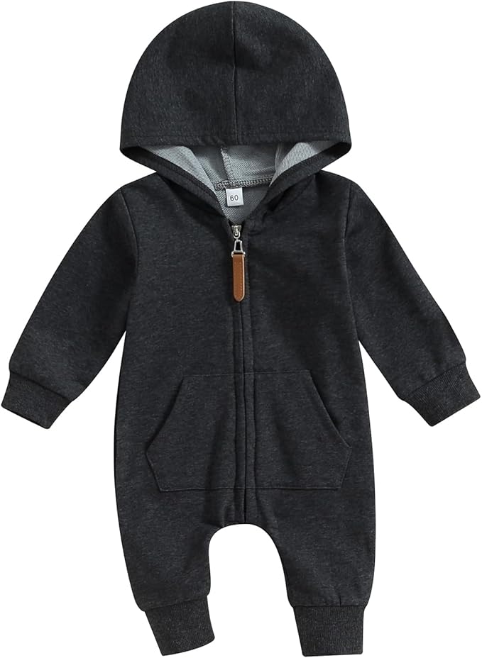 allshope Newborn Baby Boy Girl Fall Outfit Romper Long Sleeve Hooded Solid Zipper Onesie Jumpsuit Bodysuit Infant Clothes