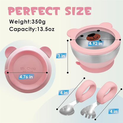 MR. CHOU Baby Suction Bowl Set with Spoon & Fork, Double-Layer 18/8 Stainless Steel Toddler Bowls with BPA Free Airtight Lid, Food Grade Infant Self-Feeding Bowl, First Stage Led Weaning Supplies Pink