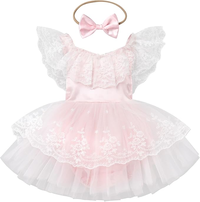 FYMNSI Infant Baby Girl 1st Birthday Outfit Floral Lace Tulle Romper Tutu Dress Headband 2PCS Bodysuit Princess Summer Clothe