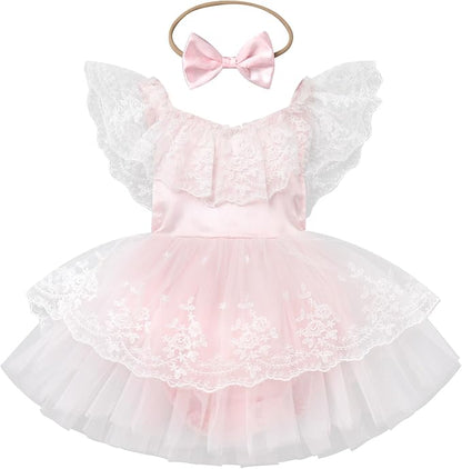 FYMNSI Infant Baby Girl 1st Birthday Outfit Floral Lace Tulle Romper Tutu Dress Headband 2PCS Bodysuit Princess Summer Clothe