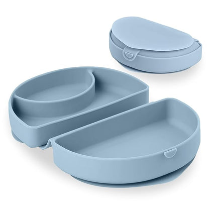 Miniware Baby Travel Plate with Suction - Foldable Silicone Baby Travel Essential to Promote Self-Feeding - Dishwasher Safe, BPA Free, Silicone Baby Plate For On The Go - Aquamarine Silifold
