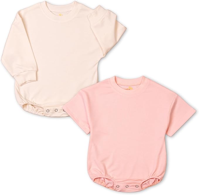 Baby Girl Romper Set 2-Pack Cotton Bodysuits, Long Sleeve & Short Plain Outfit, Newborn Infant Outfit for Girls