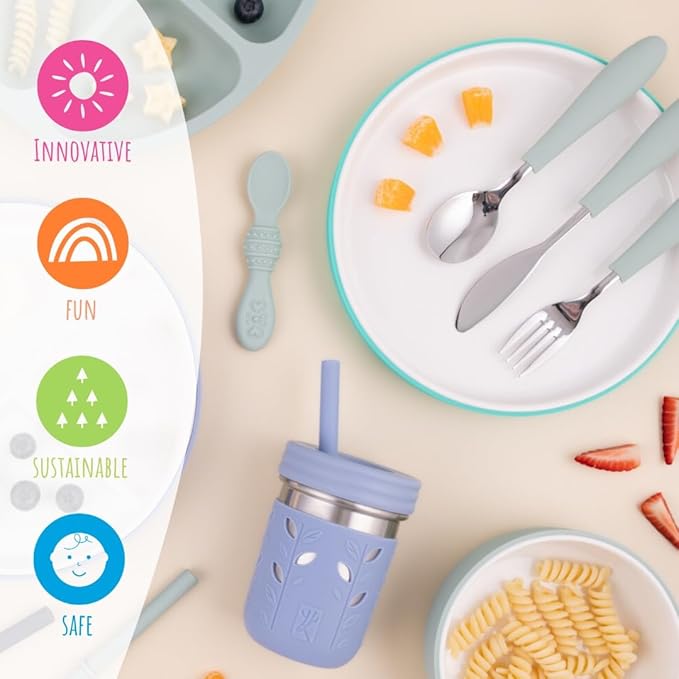 Elk and Friends Kids 7.8” Porcelain White Plates with Silicone Sleeves | Suitable for Babies/Toddlers | Microwave & Dishwasher Safe | Non Slip Dinnerware | Snack Dishes | 4 Pack