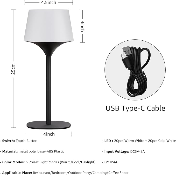 FUYO Cordless Table Lamp, Portable LED Desk Lamp, 3 Color Stepless Dimmable Rechargeable LED Table Lamp for Restaurant/Bedroom/Bars/Outdoor Party/Camping/Coffee Shop