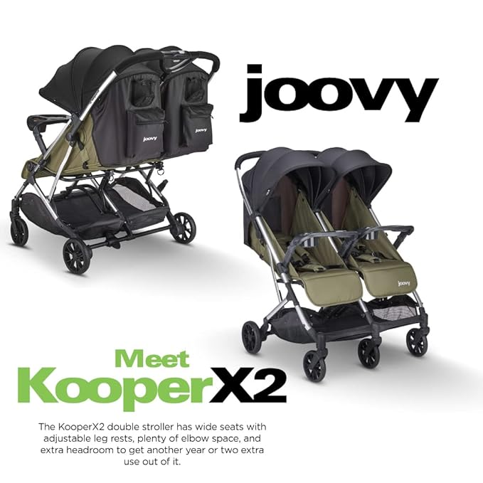 Joovy Kooper X2 Double Stroller, Lightweight Travel Stroller, Compact Fold with Tray, Olive