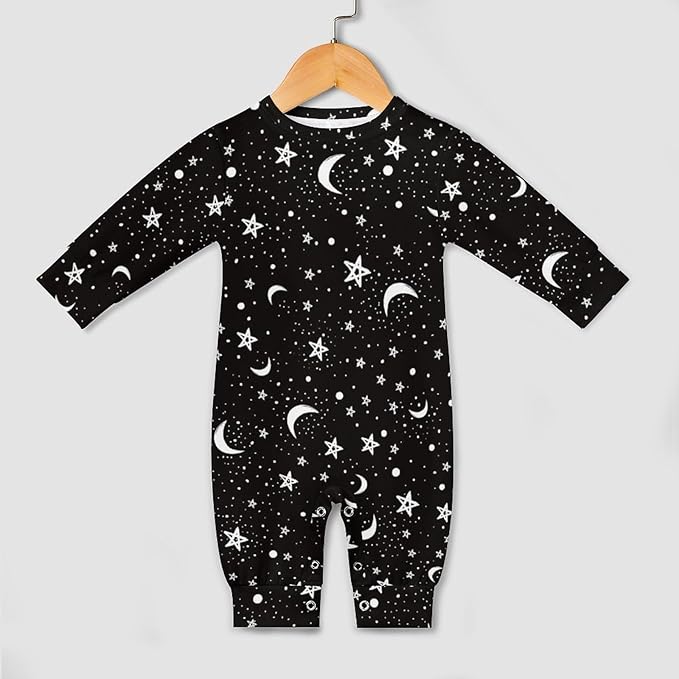 Black White Moon And Star Pattern Baby Romper Long Sleeve Onesie Button Jumpsuit Baby Clothes Unisex