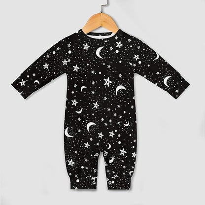 Black White Moon And Star Pattern Baby Romper Long Sleeve Onesie Button Jumpsuit Baby Clothes Unisex