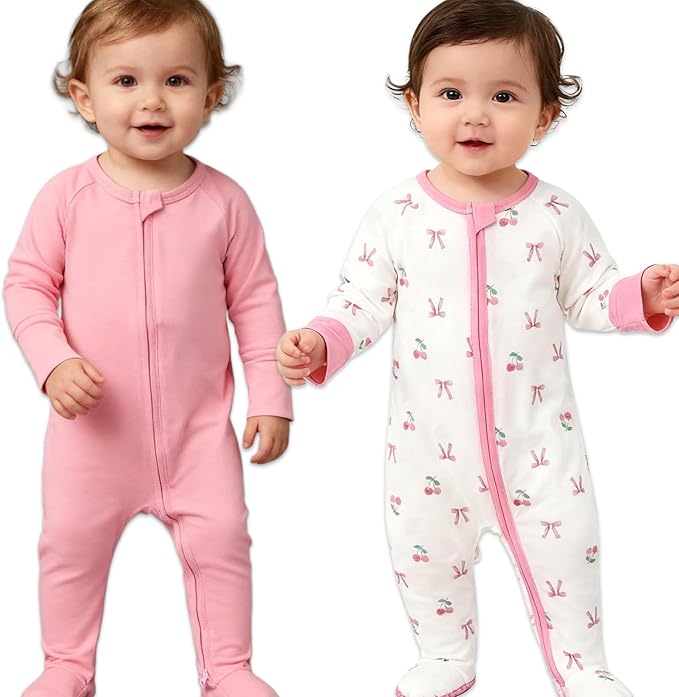 Baby Footed Pajamas with Mittens Rayon from Bamboo 2pcs Newborn Infant 2-way Zipper Pjs Cute Sleeper Outfit