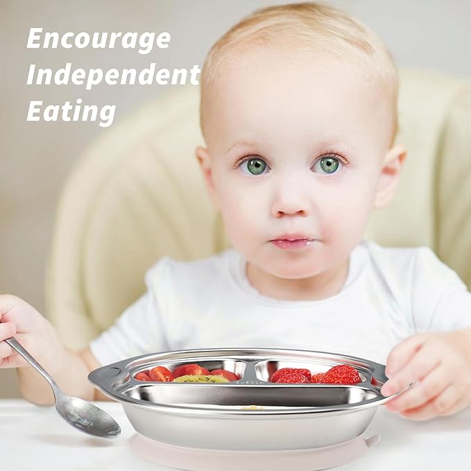 MR. CHOU Baby Plates with Suction - Stainless Steel Divided Toddler Plates, Compartment Suction Plate for High Chair, Baby Led Weaning & Self Feeding, Dishwasher Safe, BPA Free (Beige)