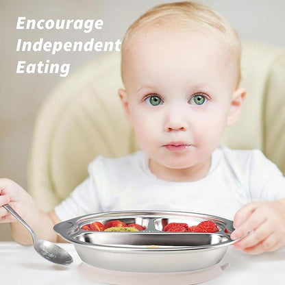MR. CHOU Baby Plates with Suction - Stainless Steel Divided Toddler Plates, Compartment Suction Plate for High Chair, Baby Led Weaning & Self Feeding, Dishwasher Safe, BPA Free (Beige)
