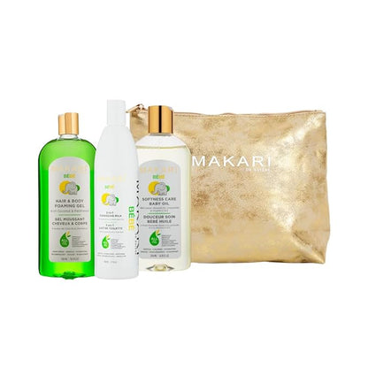 MAKARI Bebe 3-Piece Shower Gift Set | Foaming Gel, Cleansing Milk & Oil | Gentle, Nourishing Bath Routine for Newborn & Up | Hypoallergenic & Paraben-Free