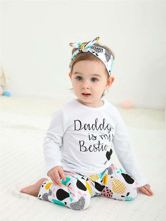 KuKitty 3Pcs Baby Girl Outfits Set Long Sleeve T-Shirt Tops Flowers Pants with Headband