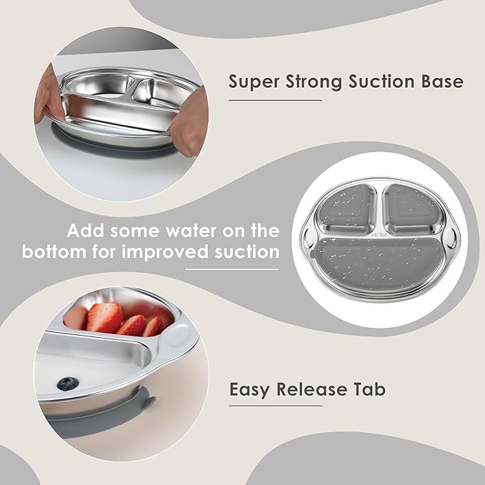 MR. CHOU Stainless Steel Baby Suction Plate, Divided Plates for Babies & Toddlers, 100% Food Grade Kids Plates for Baby Led Weaning, BPA Free Toddler Feeding Supplies, Dishwasher Safe, Gray