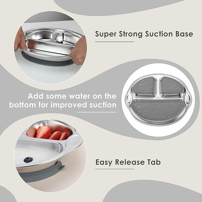 MR. CHOU Stainless Steel Baby Suction Plate, Divided Plates for Babies & Toddlers, 100% Food Grade Kids Plates for Baby Led Weaning, BPA Free Toddler Feeding Supplies, Dishwasher Safe, Gray