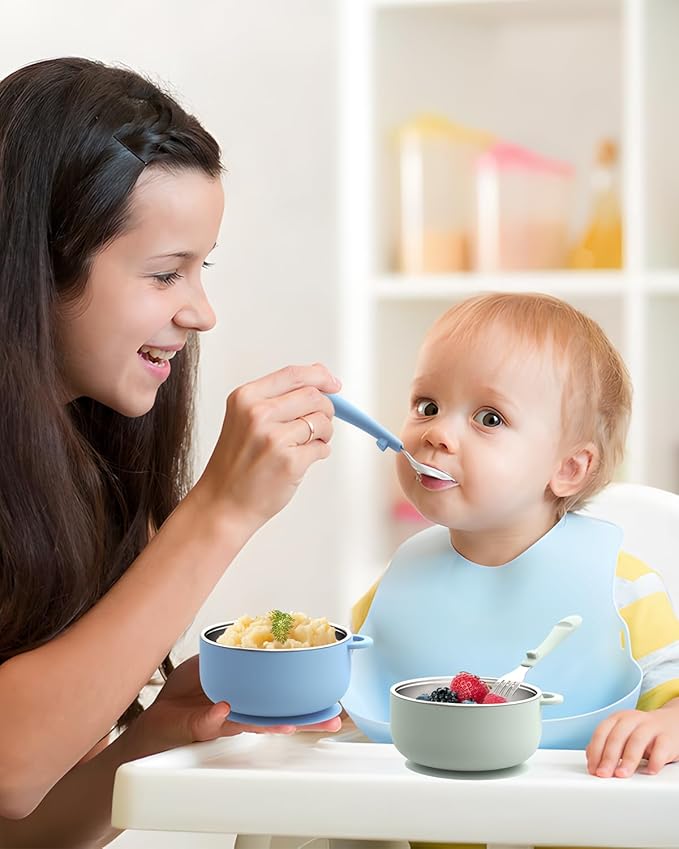 Toddler Feeding Suction Bowls and Utensils Set, 2-in-1 Stainless Steel 304 Kids Bowl & Silicone Suction Baby Bowl with Spoons and Forks, First Self-feeding Training Set, Ocean Explorer