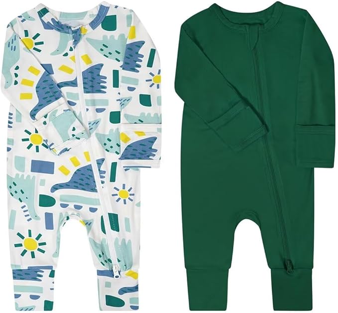 Teach Leanbh Baby Boys Girls 2 Pack Bamboo Viscose Pajamas with Mitten Cuffs 2 Way Zipper Long Sleeve Romper Sleep and Play