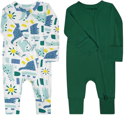 Teach Leanbh Baby Boys Girls 2 Pack Bamboo Viscose Pajamas with Mitten Cuffs 2 Way Zipper Long Sleeve Romper Sleep and Play