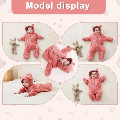 Newborn Baby Bear Outfit With Fold-Over Mittens and Footies Girls Boys Winter Fleece Clothes Hooded Romper Snowsuit