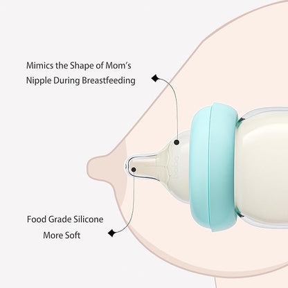 YOHKOH Natural Glass Baby Bottle with Level 2 Medium Flow Nipple, Newborn Anti-Colic Baby Bottles, Wide Neck Mushroom Baby Glass Bottle (8.8ounce (Pack of 4), Blue1)