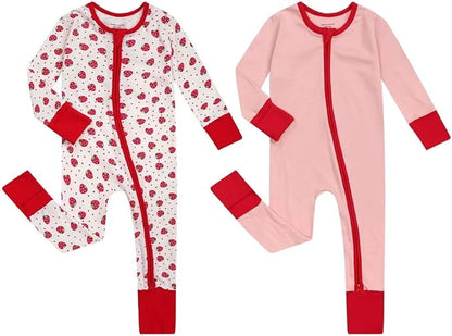 Teach Leanbh Unisex Baby 2 Pack Cotton Pajamas with Mittens and Feet Cuffs 2 Way Zipper Long Sleeve Romper Sleep and Play