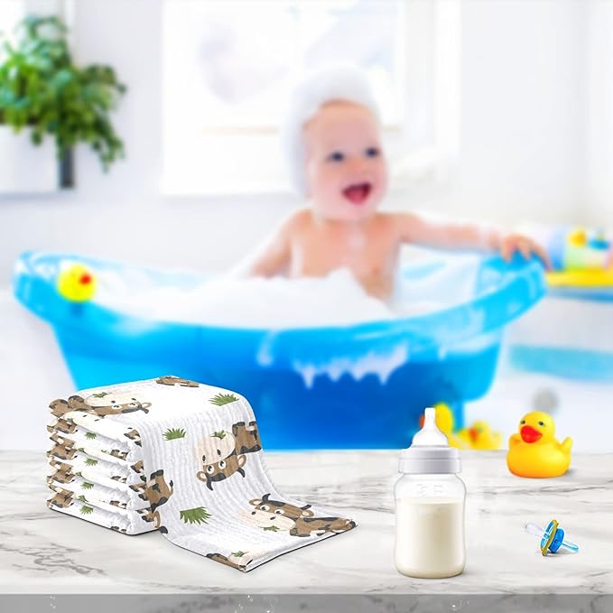 vvfelixl Cotton Brown Cow Grass Muslin Washcloths - Soft Baby Face Towel for Newborns, 11.8 X 11.8 Inch, 3 Pack