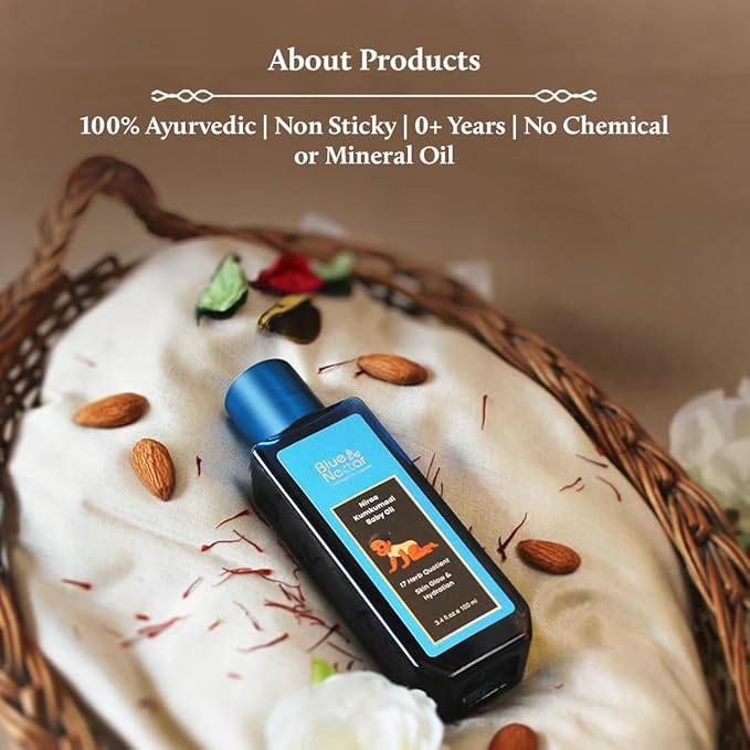 Blue Nectar Baby Oil with Pure Kumkumadi Oil for Glow & Hydration | Ayurvedic Baby Massage Oil for New Born | 100% Natural & Safe Baby Product for Delicate Skin (17 Herbs, 6.76 Fl Oz)