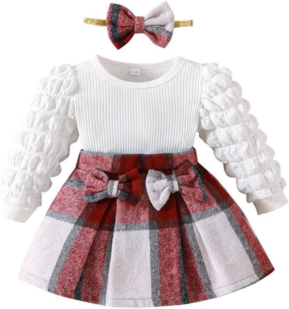 Toddler Baby Girl Plaid Dress Puff Sleeve Bow Patchwork Ribbed Shirts Dress Plaid Fall Winter Outfits with Headband